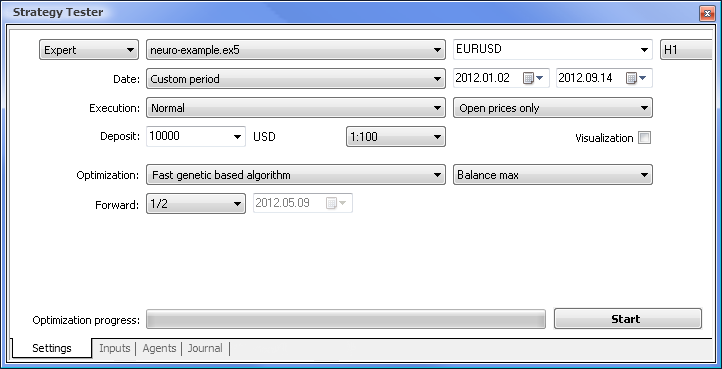 Fig. 7. Strategy tester with the required parameters set