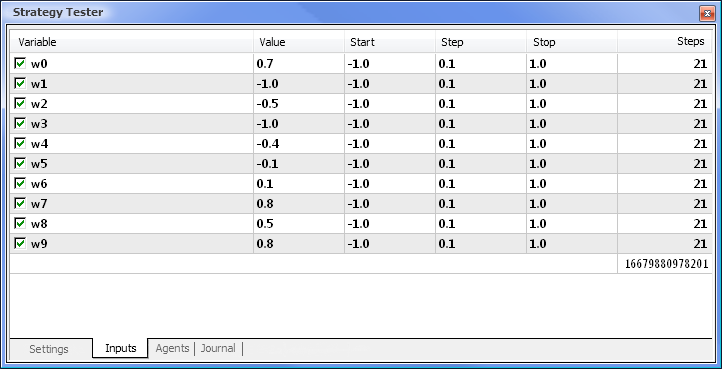 Fig. 8. Setting the parameters and their respective ranges to be optimized