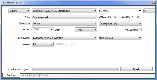 Strategy Tester with the set parameters for MACD Sample