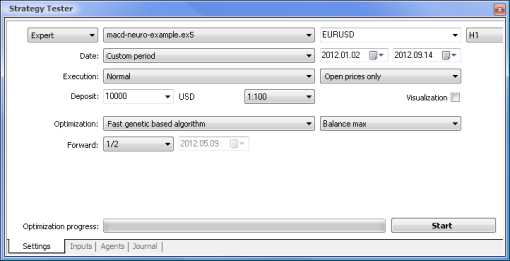 Strategy Tester with the set parameters for macd-neuro-example